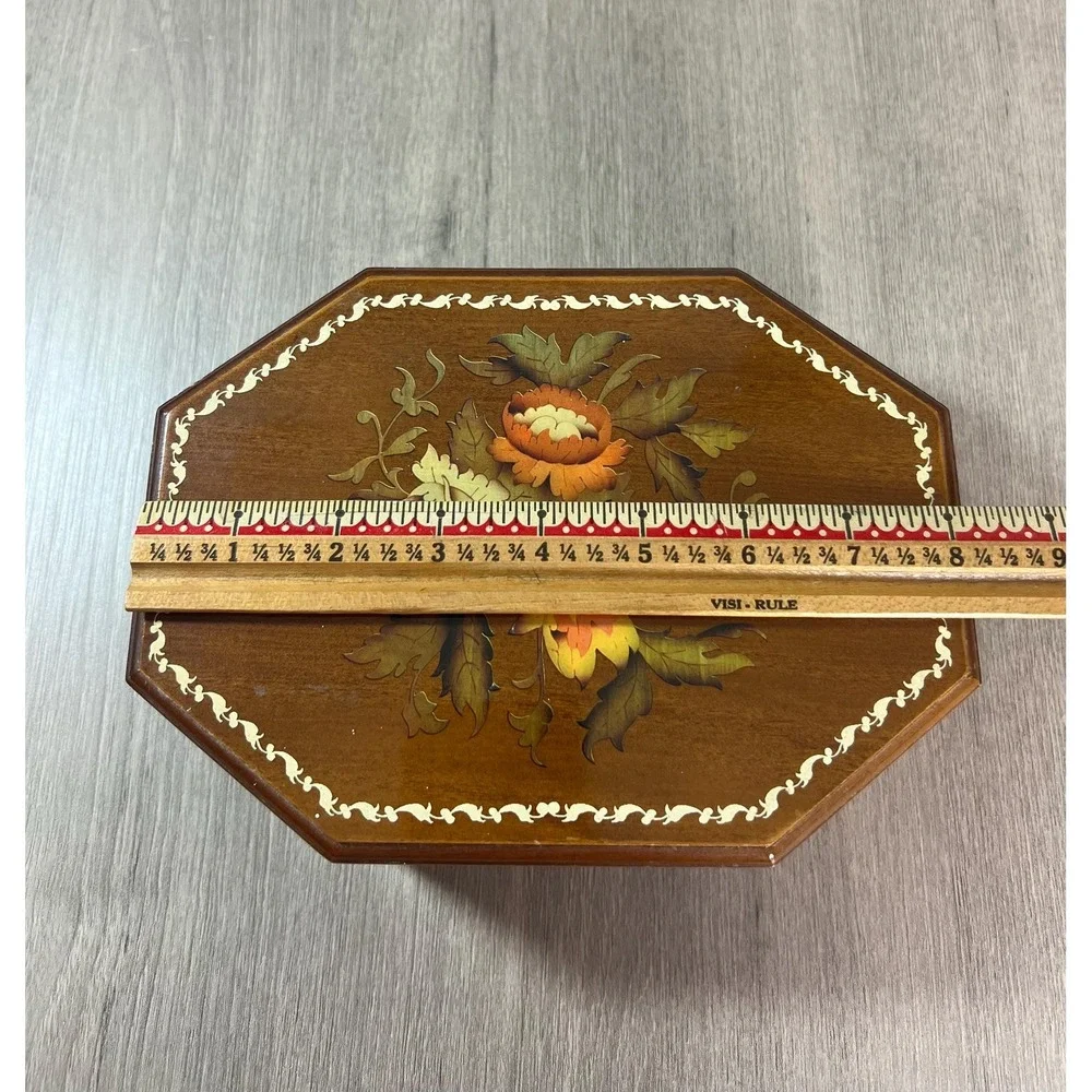 Vintage 1970s Wooden Octagonal Painted Flower Jewelry Box With Mirror 8x6x2.5